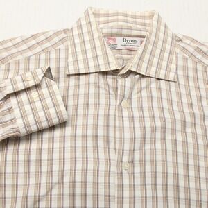 Byron Shirt Mens Large 15-33 Brown Blue Plaid British Style Tailored Fit Cotton